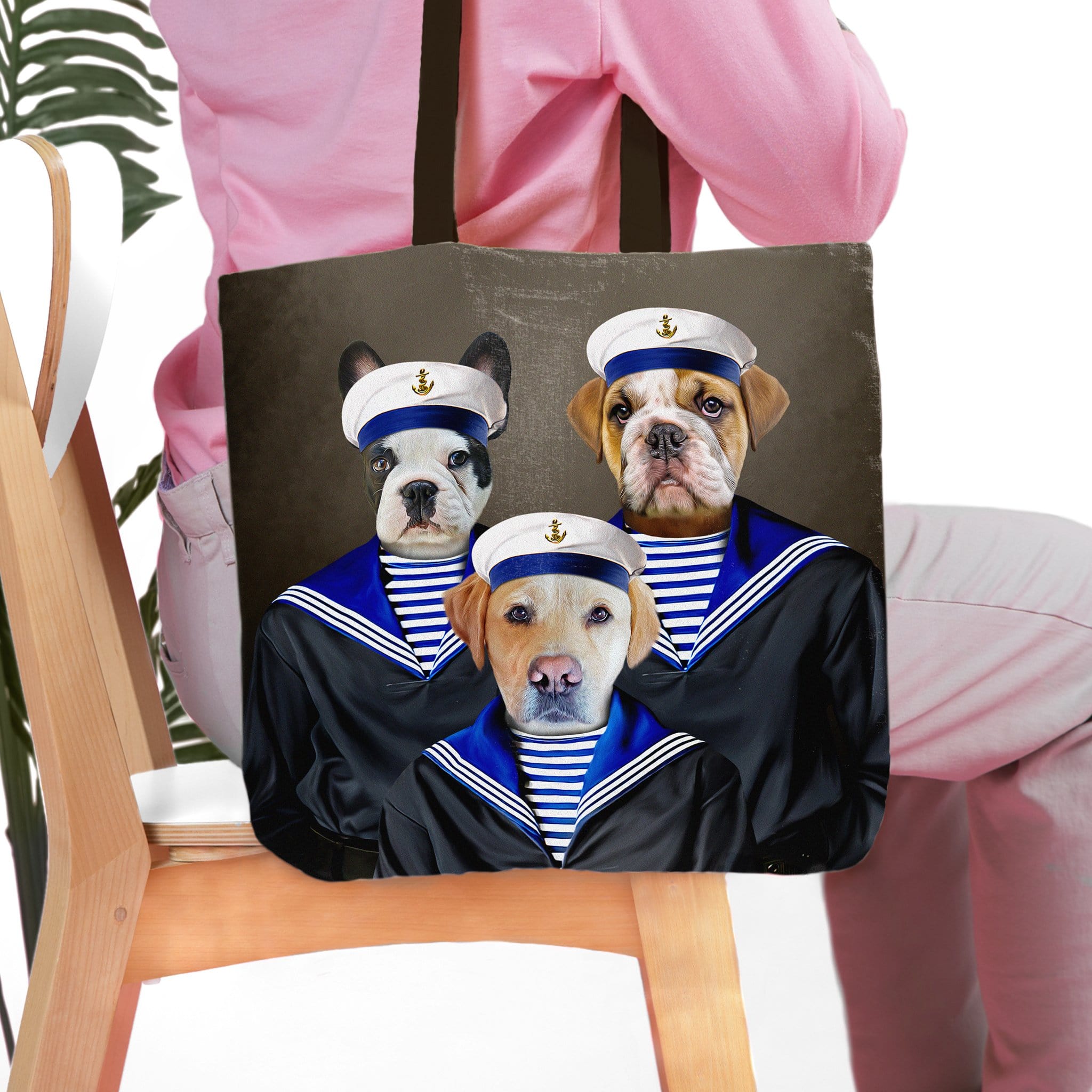 Personalized 'The Sailors' tote bag featuring custom portraits of three pets (French Bulldog, English Bulldog, Labrador) in sailor outfits.