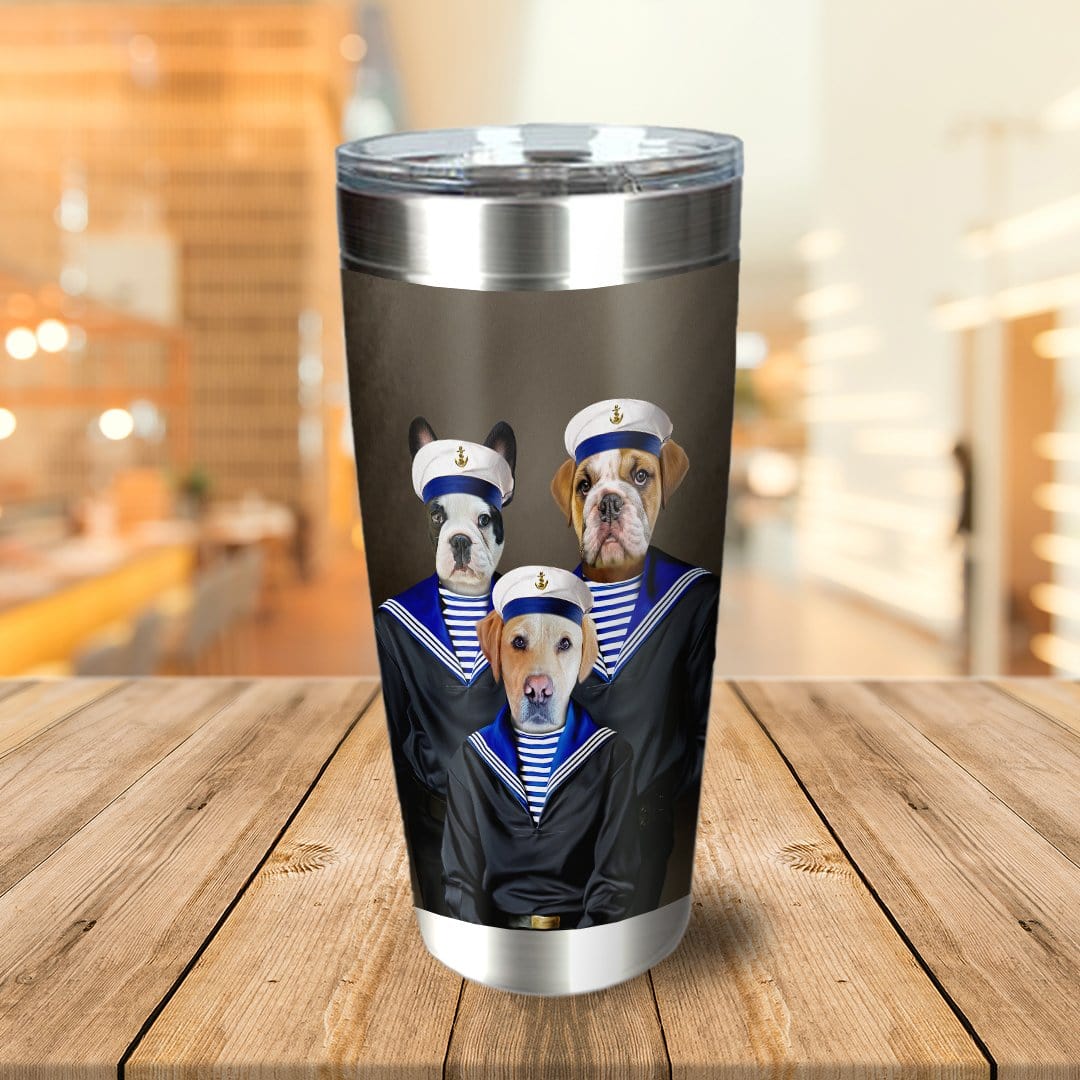 Personalized stainless steel tumbler with three pets (French Bulldog, English Bulldog, Labrador) in sailor portraits.