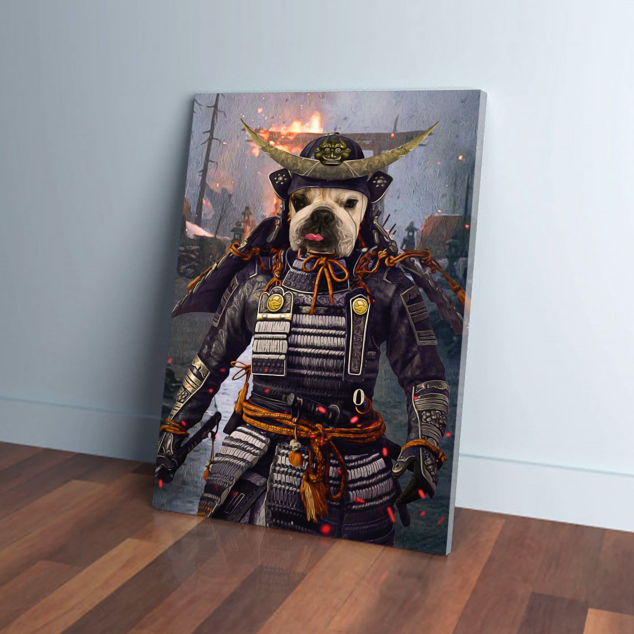 Personalized pet canvas featuring a French Bulldog in full purple samurai armor with a gold helmet.