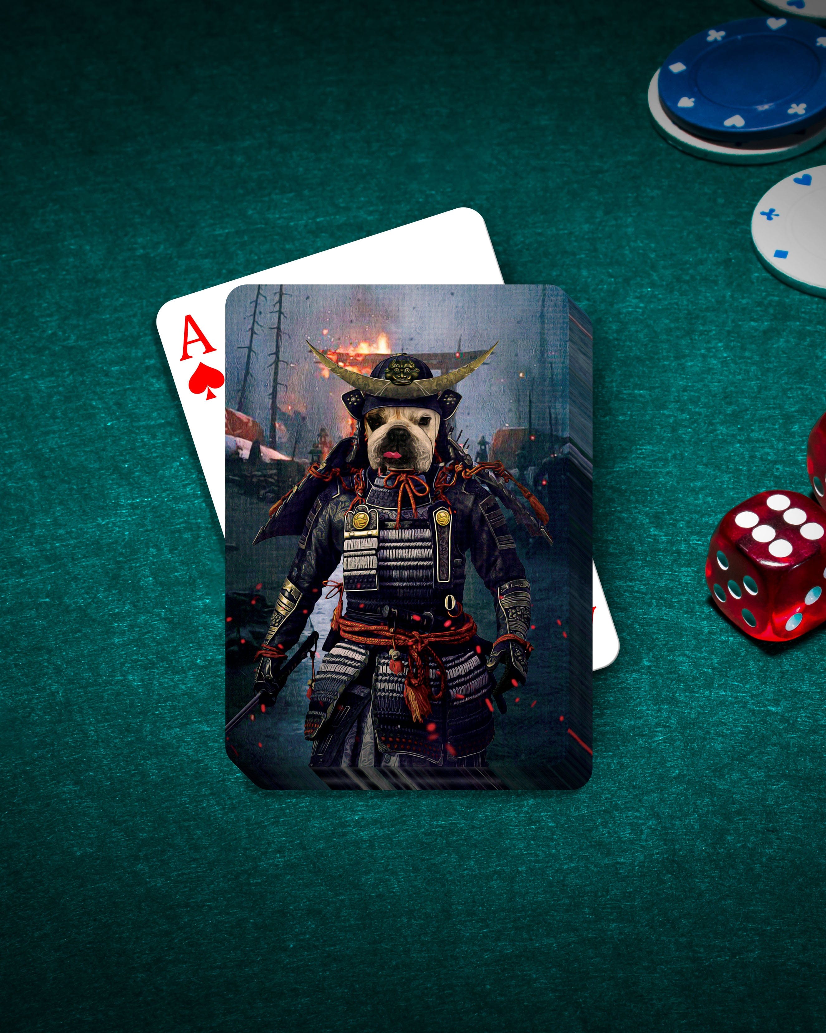 Personalized playing card featuring a French Bulldog pet portrait in Samurai armor on a green felt table.