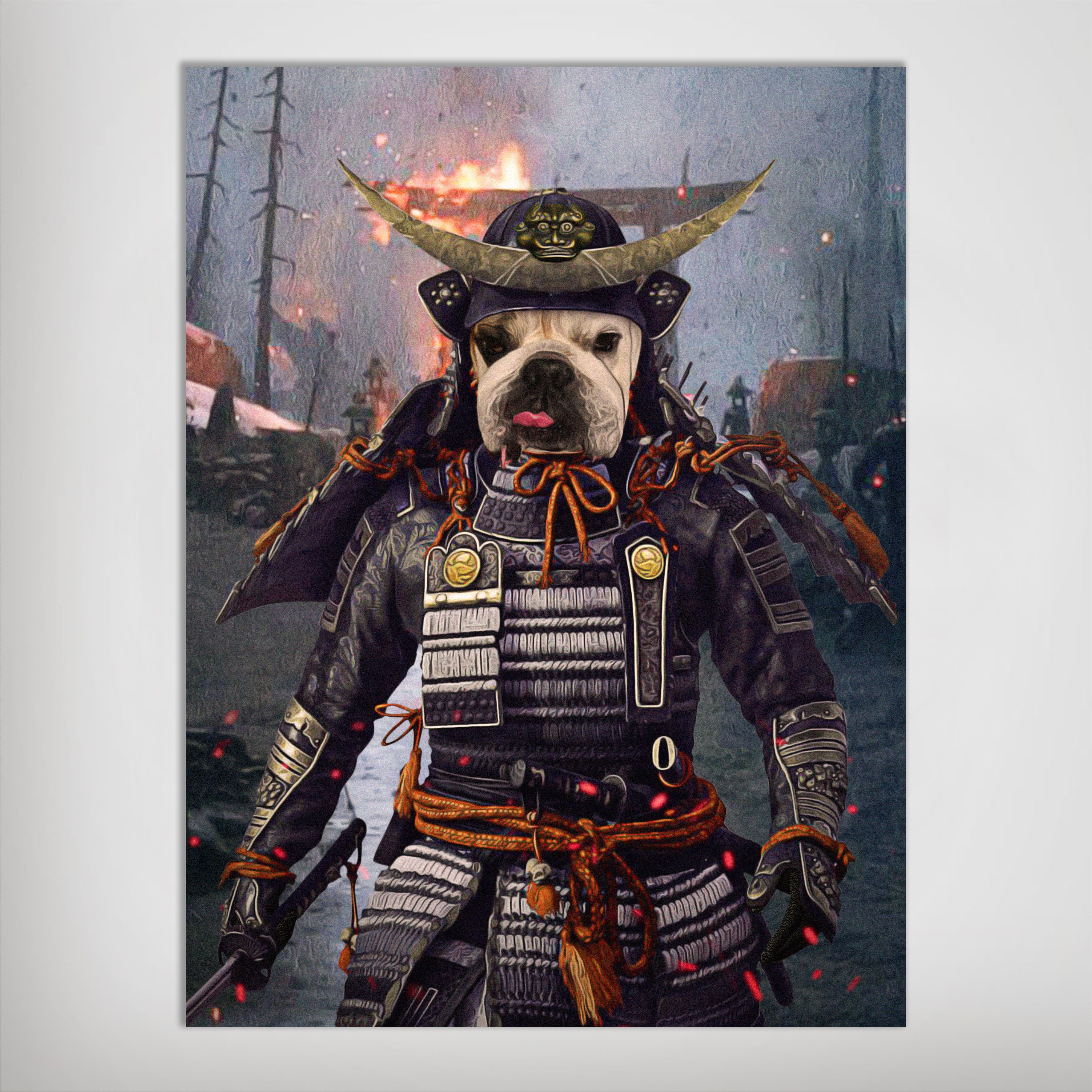Personalized matte poster featuring a French Bulldog in full black and gold Samurai armor, with a burning village background.