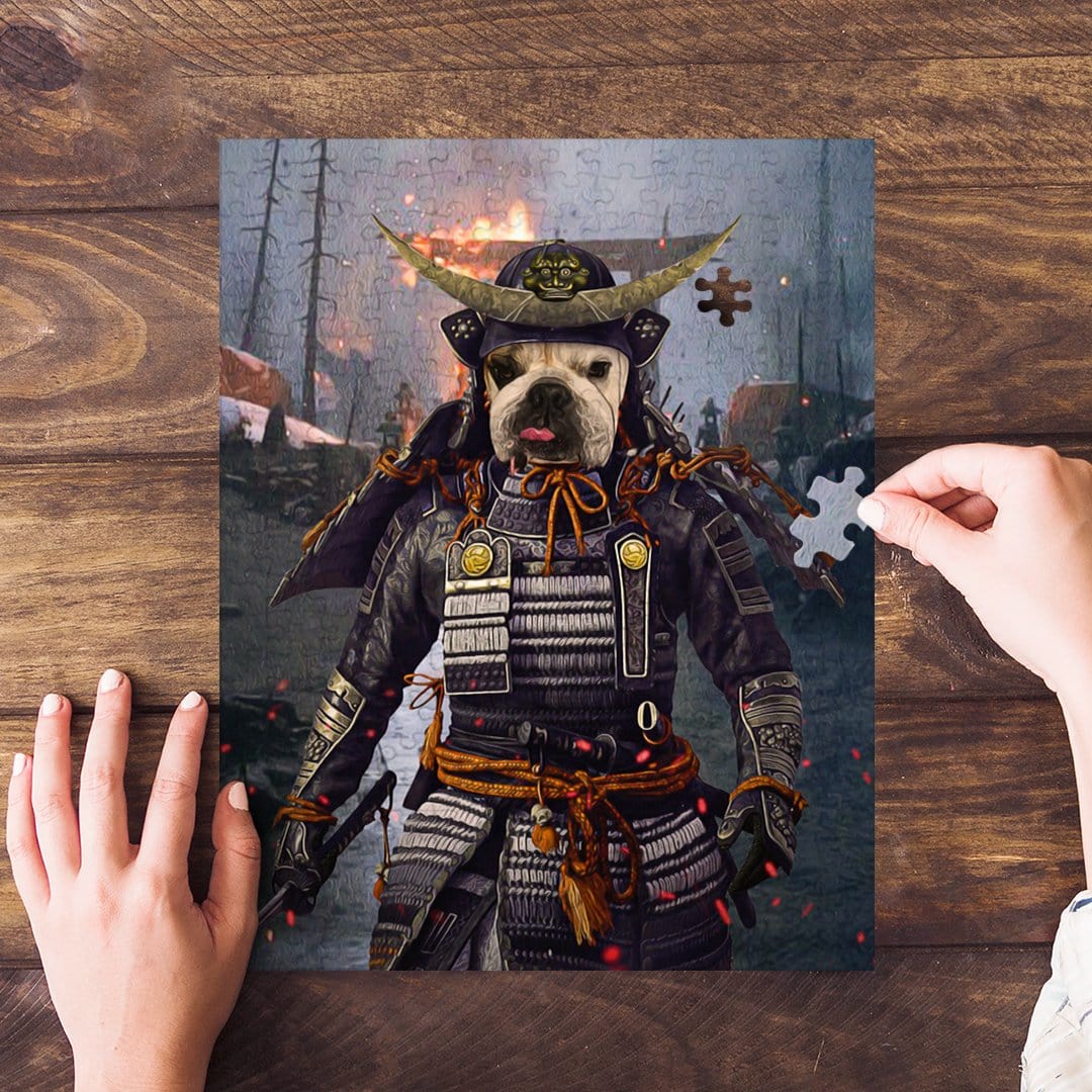 Custom pet portrait puzzle featuring a French Bulldog as a samurai, with hands assembling pieces.