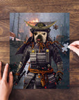 Custom pet portrait puzzle featuring a French Bulldog as a samurai, with hands assembling pieces.