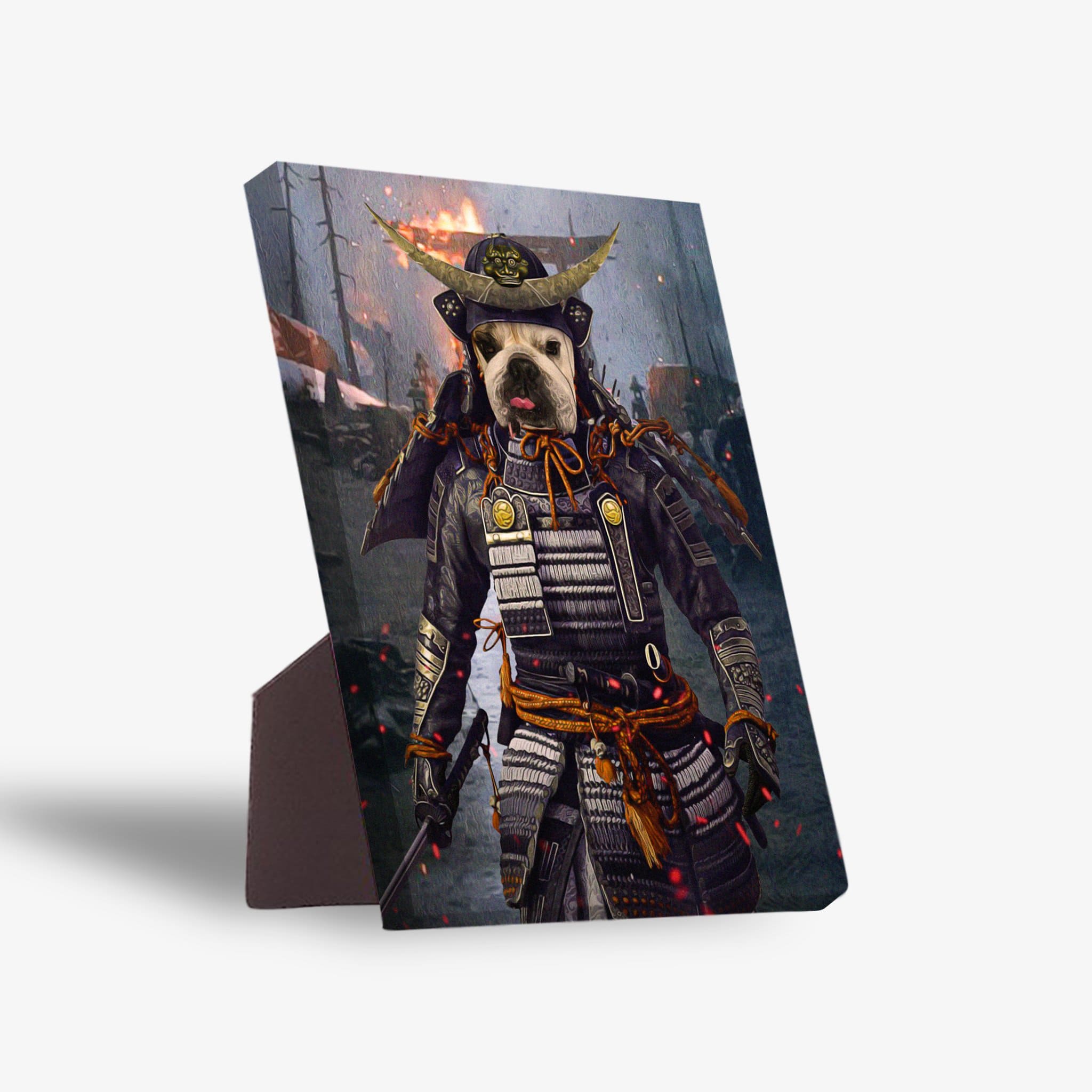 Personalized pet standing canvas featuring a bulldog in black samurai armor with gold accents, on a dark, fiery background.