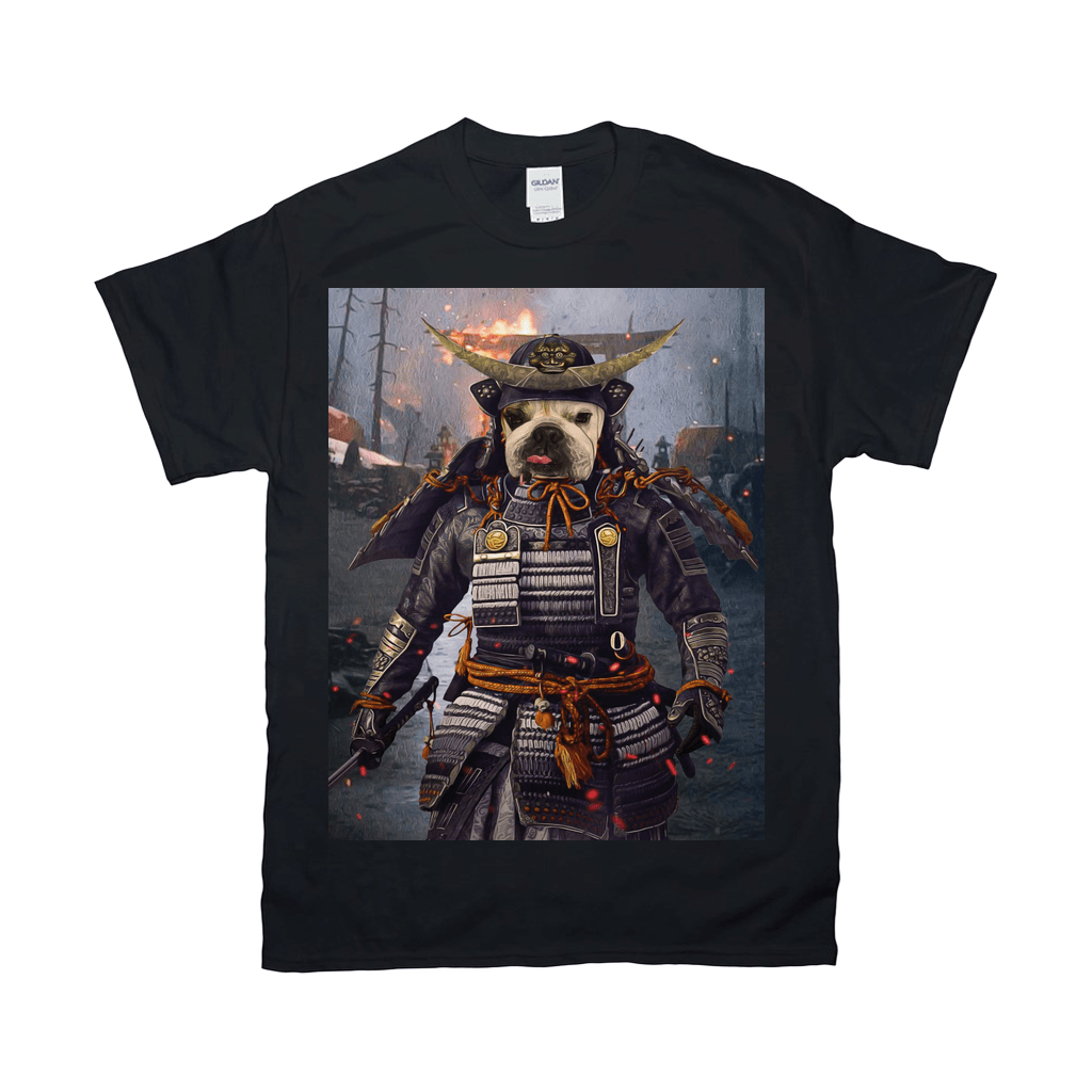 Black Gildan t-shirt featuring a bulldog in full samurai armor, ready for battle.