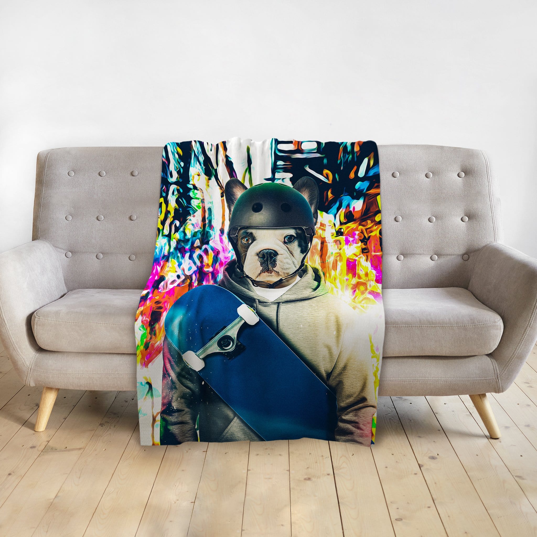 Personalized pet blanket featuring a French Bulldog in a skateboarder portrait style with a colorful graffiti background.