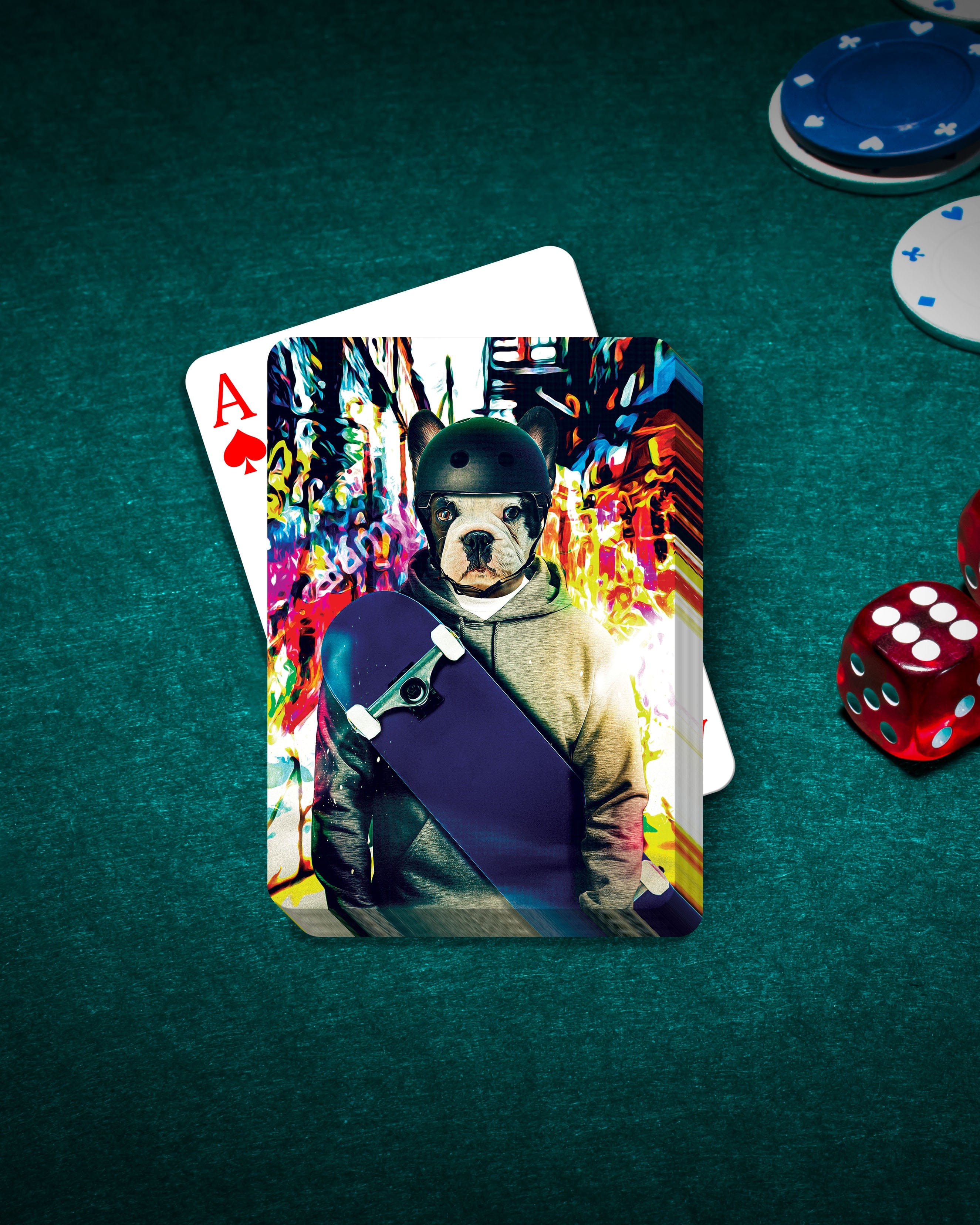 Custom personalized playing card with a French Bulldog pet portrait as a skateboarder, on a green poker table.