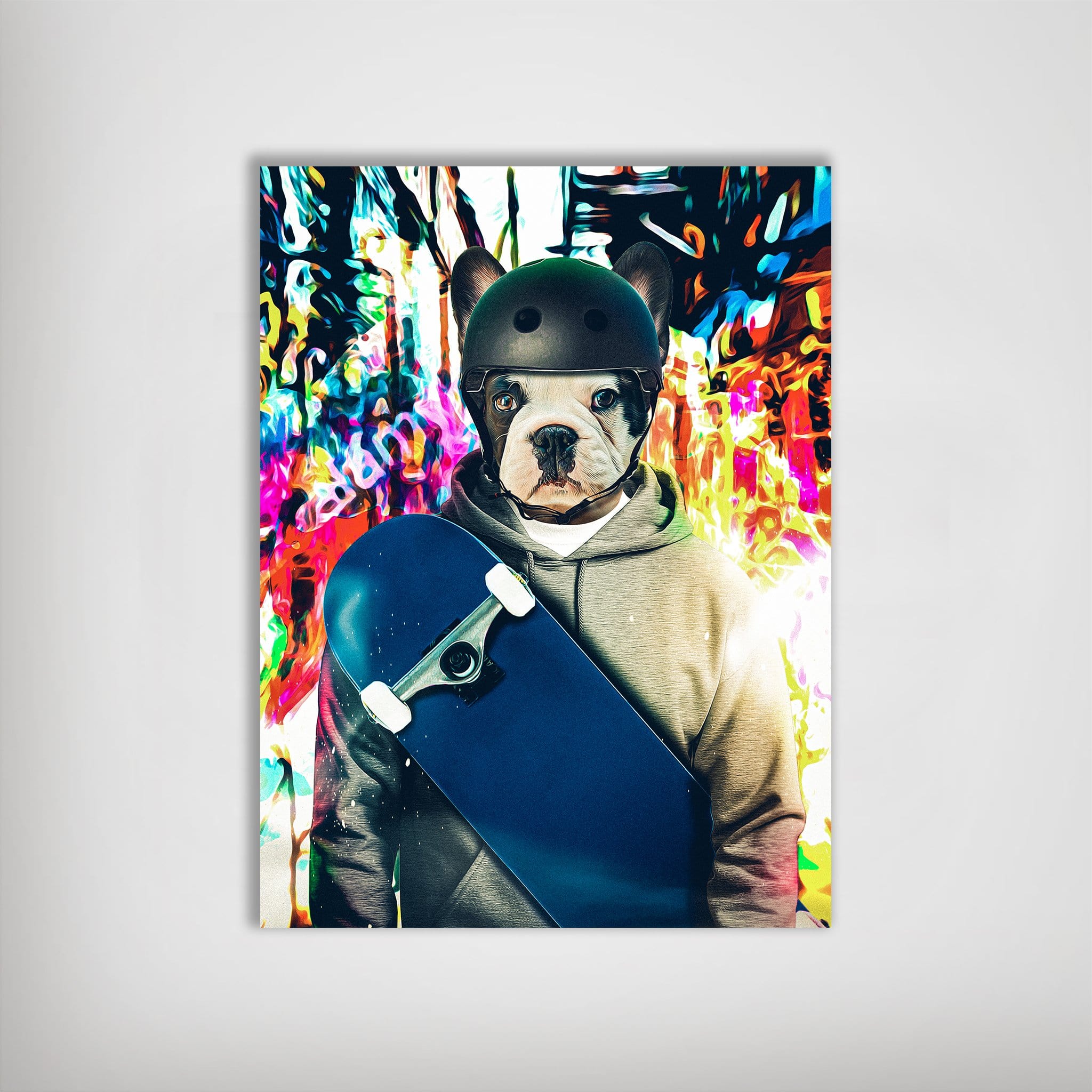 Personalized pet poster featuring a French Bulldog in a helmet and hoodie, holding a blue skateboard, against a vibrant, colorful background.