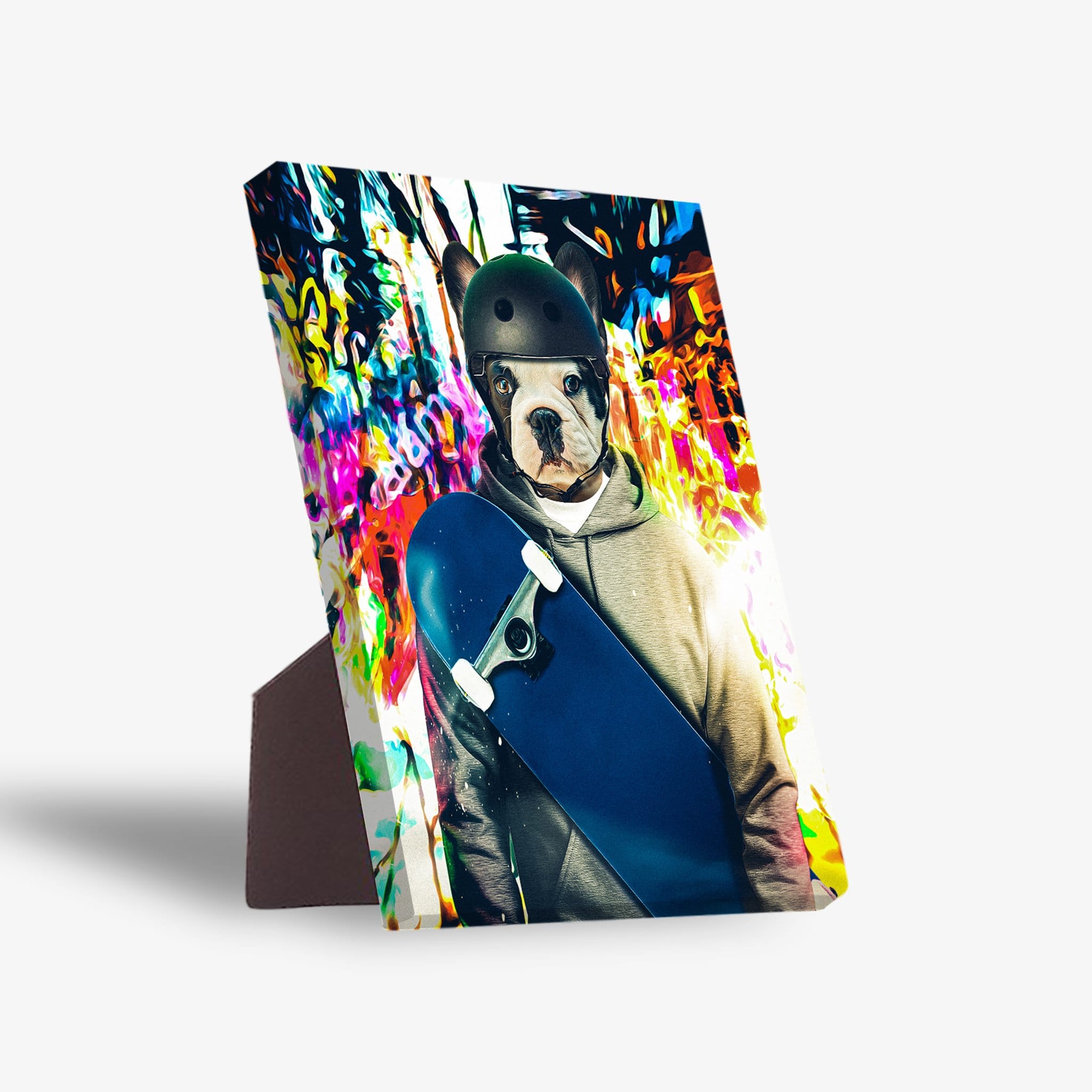 Personalized pet standing canvas featuring a French bulldog in a helmet and hoodie holding a blue skateboard.