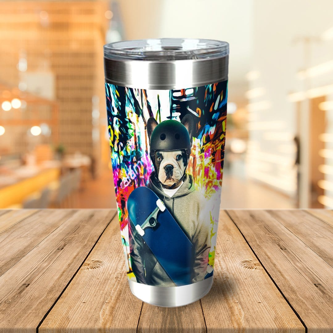 Personalized stainless steel tumbler with a custom pet portrait of a French Bulldog wearing a helmet and holding a skateboard against a graffiti background.