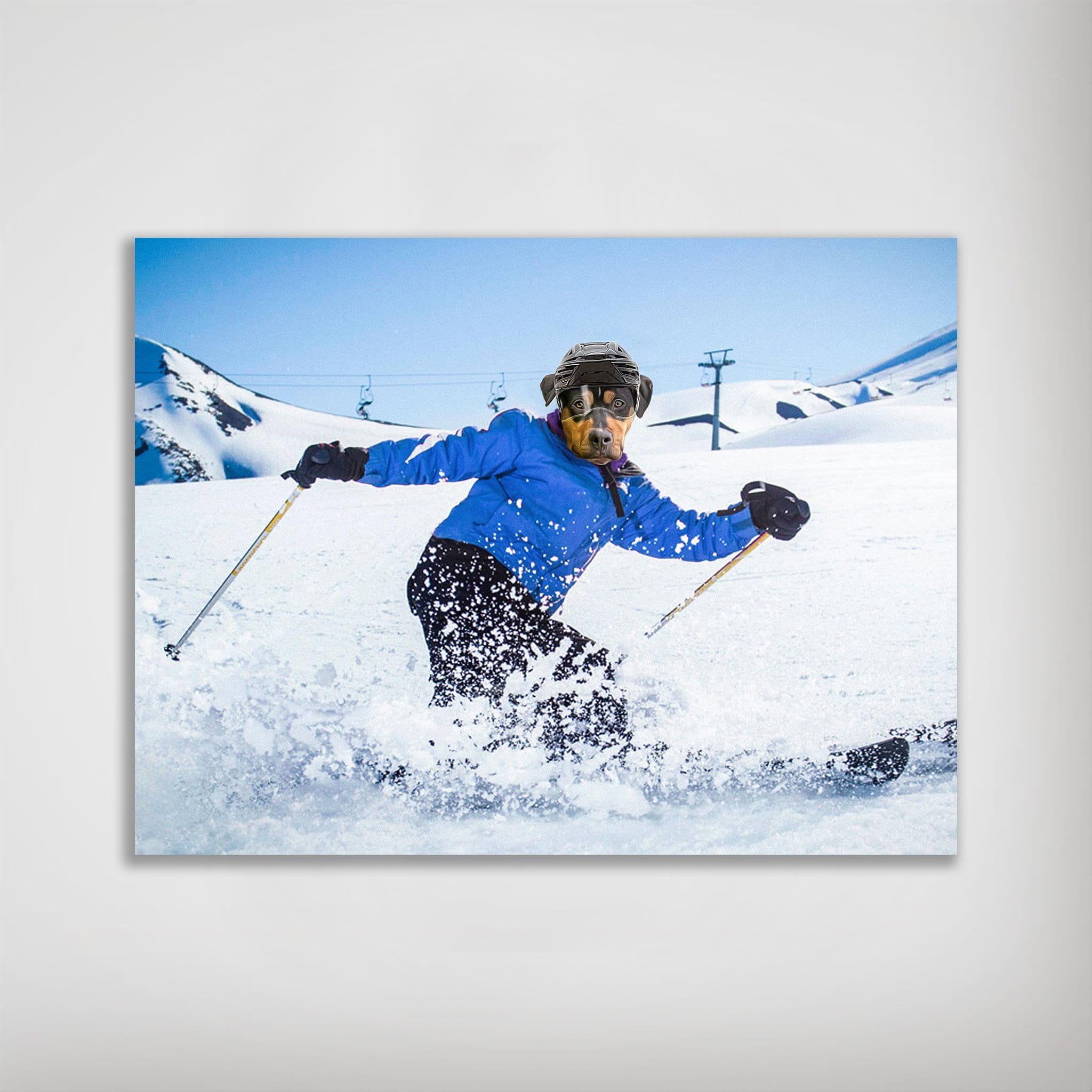 Personalized dog poster: a dog's head on a skier in a blue jacket, black pants, and helmet, skiing down a snowy mountain.
