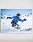 Personalized dog poster: a dog's head on a skier in a blue jacket, black pants, and helmet, skiing down a snowy mountain.