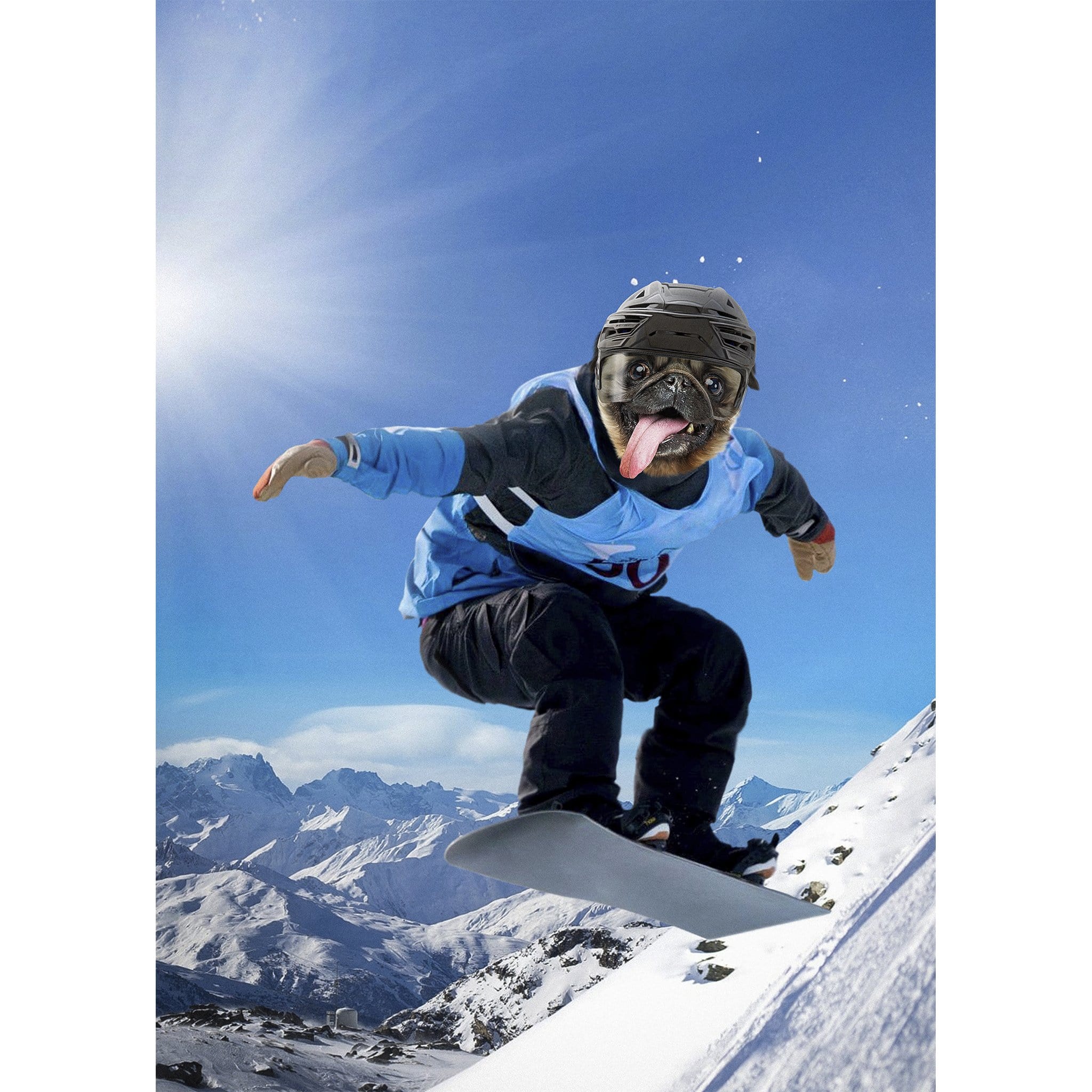 Personalized digital portrait of a pug's head on a snowboarder in a blue jacket, mid-air over snowy mountains.