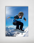 Personalized 'Snowboarder' dog poster featuring a pug with tongue out, wearing blue and black gear, mid-air on a snowboard over snowy mountains.