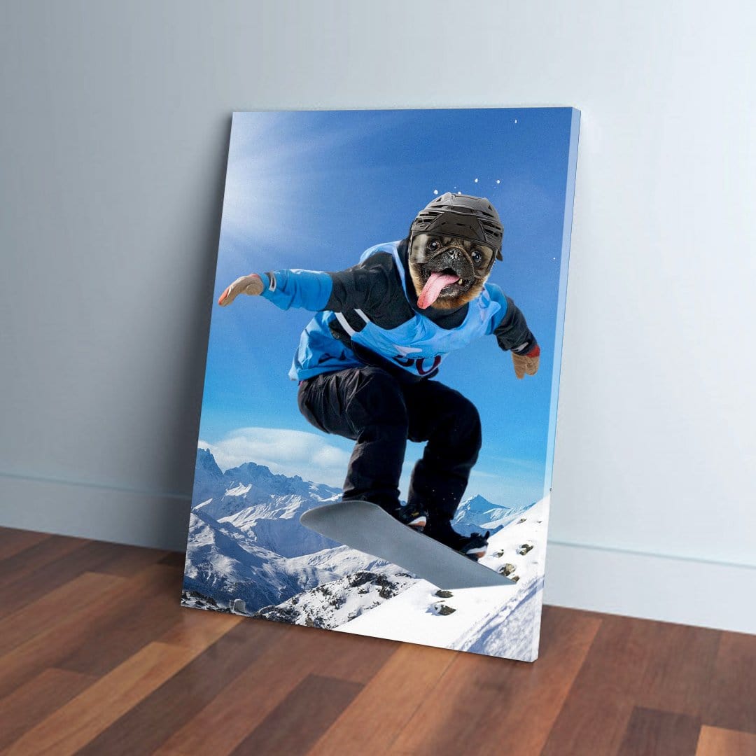 Personalized 'The Snowboarder' pet canvas featuring a pug's head on a snowboarder in blue gear.
