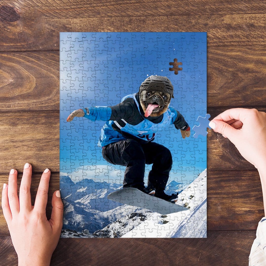 Personalized pet puzzle featuring a pug snowboarding down a mountain, with hands assembling pieces.