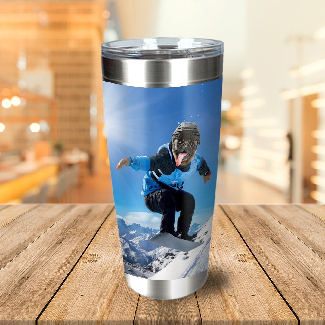Personalized stainless steel tumbler with a custom portrait of a pug snowboarding on a mountain.