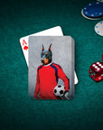 Custom personalized playing cards featuring a Doberman pet portrait as a soccer goalie.