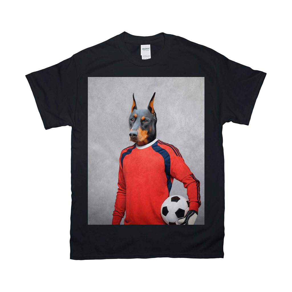 Black Gildan t-shirt with a personalized graphic of a Doberman dog as a soccer goalie in a red jersey holding a ball.