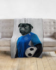 Personalized pet blanket with a black pug dog in a blue soccer uniform holding a ball.