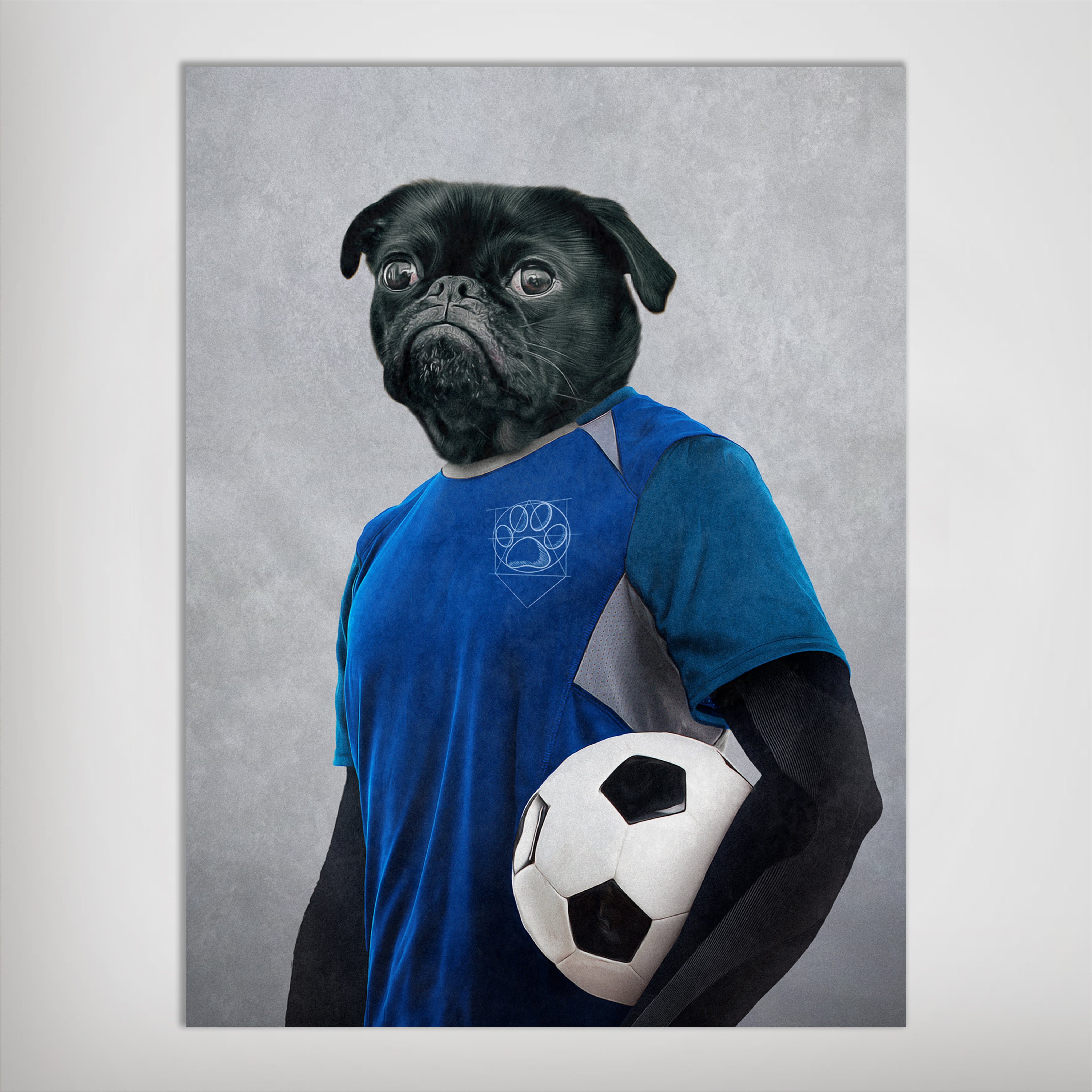 Personalized pet poster featuring a black pug in a blue soccer uniform holding a soccer ball.