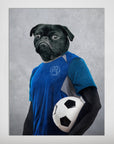 Personalized pet poster featuring a black pug in a blue soccer uniform holding a soccer ball.