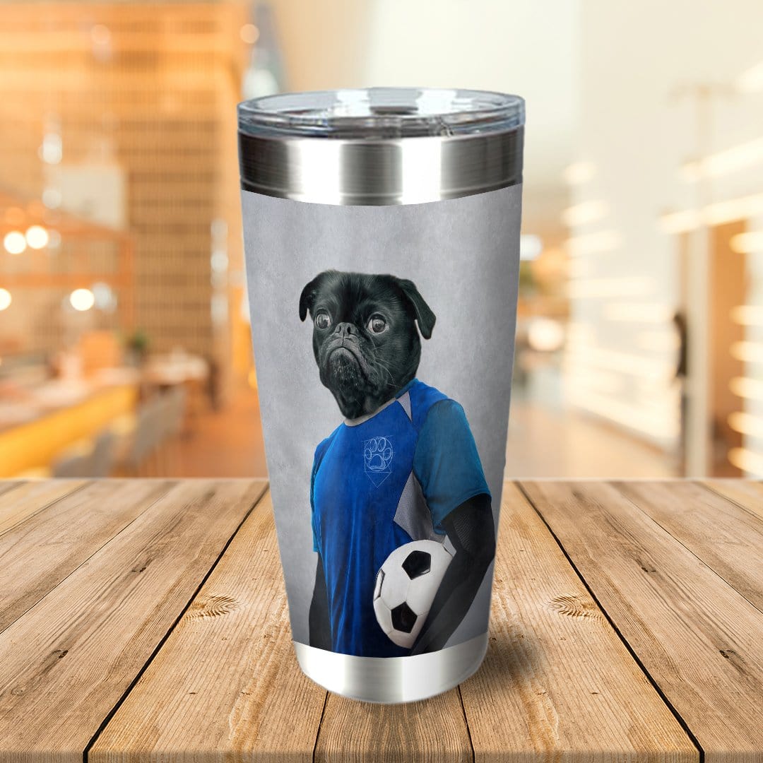 Personalized stainless steel tumbler with a custom portrait of a black pug dog in a blue soccer uniform holding a ball.