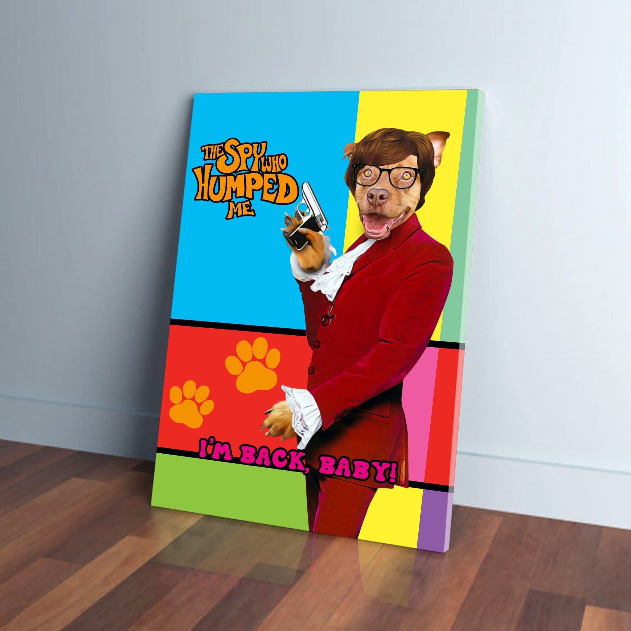 Personalized pet canvas featuring a dog dressed as Austin Powers, holding a gun, with "The Spy Who Humped Me" title.