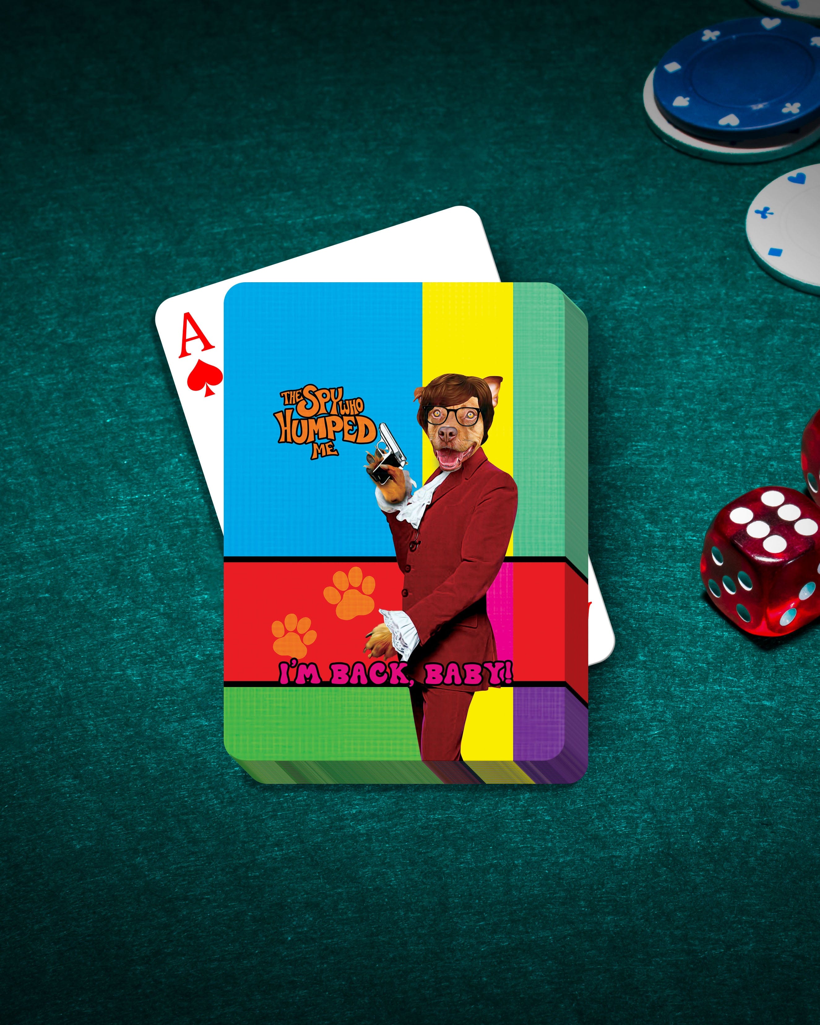 Personalized pet playing cards featuring a dog in a red suit, "The Spy Who Humped Me" design.