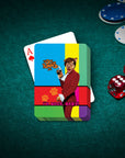 Personalized pet playing cards featuring a dog in a red suit, "The Spy Who Humped Me" design.