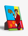 Custom pet portrait canvas featuring a dog as "The Spy Who Humped Me" character, with a colorful background.