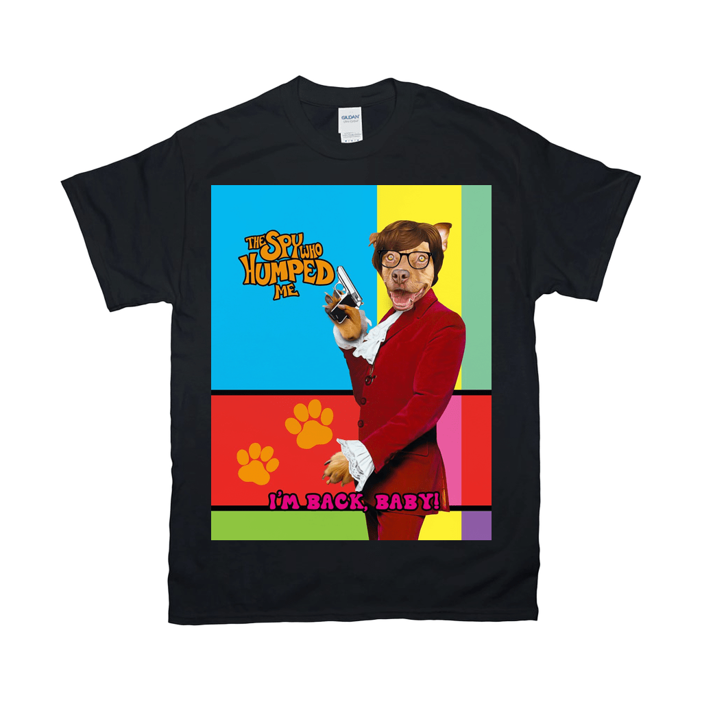 Black Gildan unisex t-shirt featuring a dog in a red suit and glasses, holding a gun, with "The Spy Who Humped Me" and "I'm Back, Baby!" text.