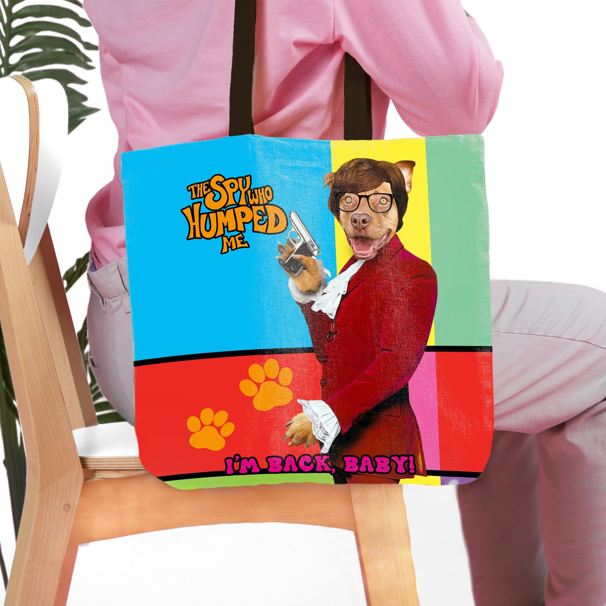 Personalized "The Spy Who Humped Me" tote bag with a pet portrait in a red suit and glasses.