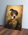 Personalized pet canvas featuring a French Bulldog in a "Sultan" costume with a turban and ornate uniform.