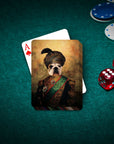 Custom 'Sultan' personalized playing cards featuring a dog in a renaissance royal portrait on a green felt table.