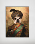 Personalized pet poster featuring a bulldog in a Sultan's ornate, gold-embroidered uniform and turban.