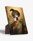 Personalized pet standing canvas featuring a bulldog in a Sultan's ornate gold and green uniform with a dark turban.