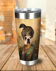 Personalized stainless steel tumbler with a renaissance-style portrait of a dog in a sultan's attire.