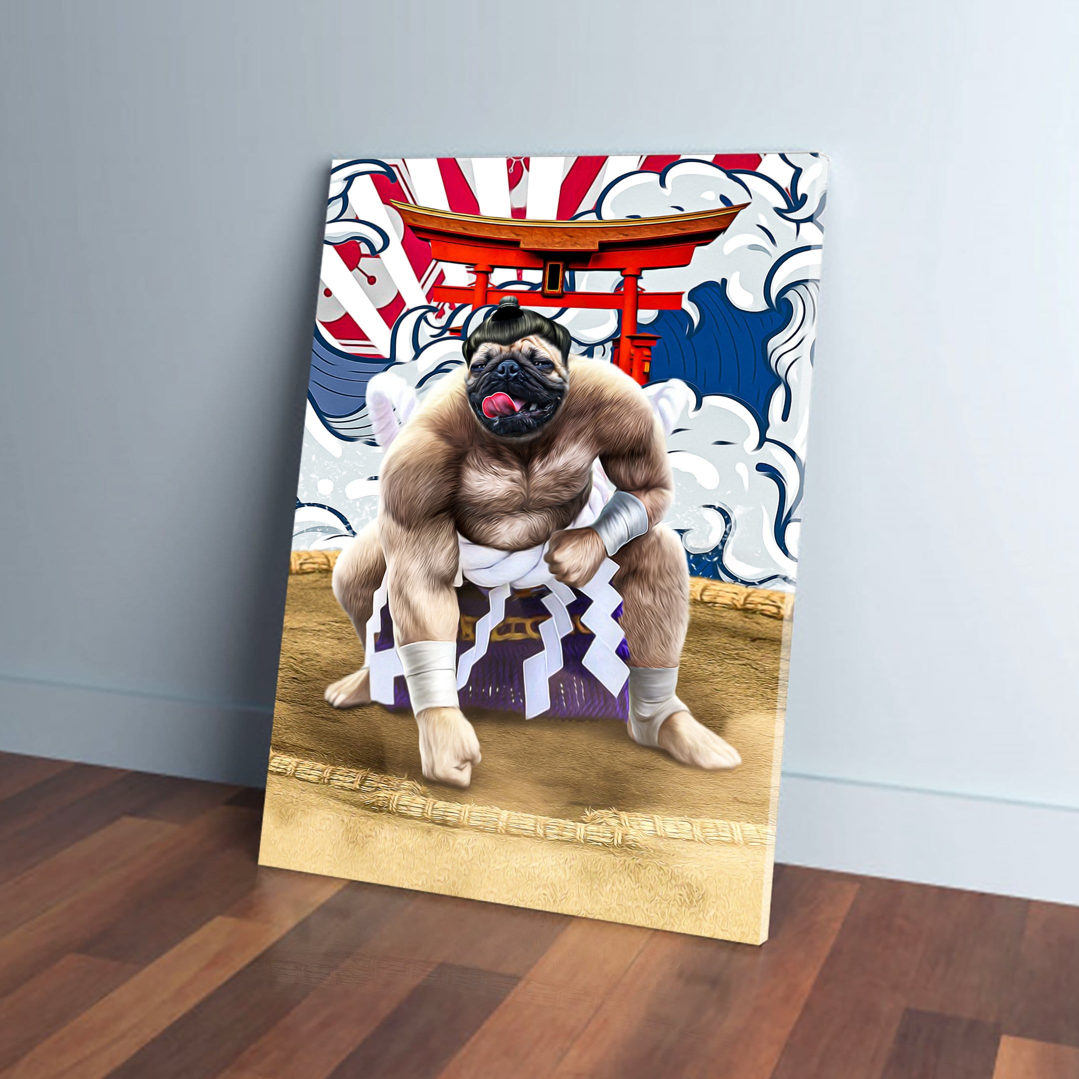 Personalized pet canvas featuring a pug as a sumo wrestler with a red torii gate background.