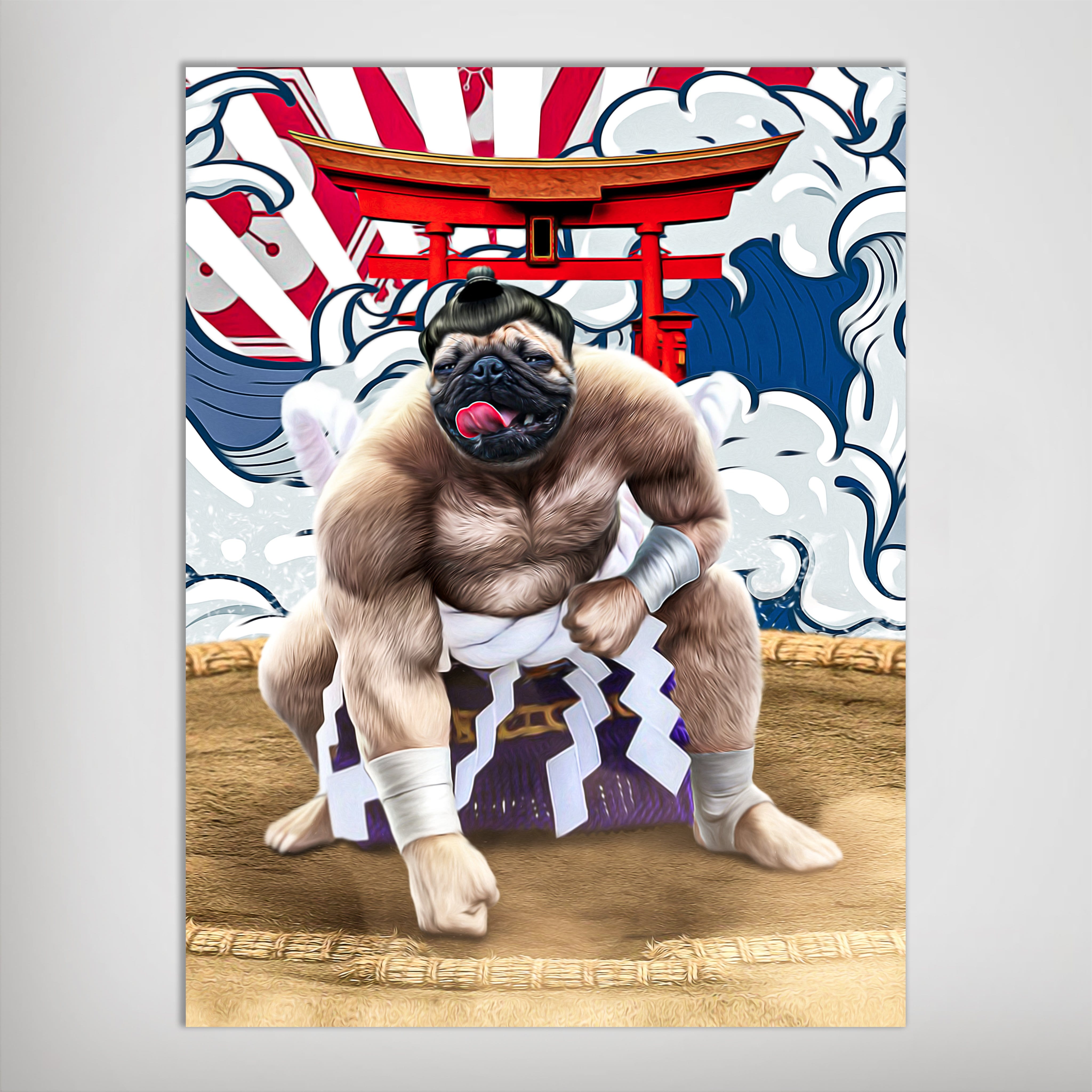 Personalized pet poster featuring a pug as a sumo wrestler with a red torii gate and Japanese waves.