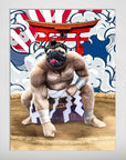 Personalized pet poster featuring a pug as a sumo wrestler with a red torii gate and Japanese waves.