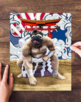 Custom personalized pet puzzle featuring a pug dog as a sumo wrestler, with a Japanese-style background.
