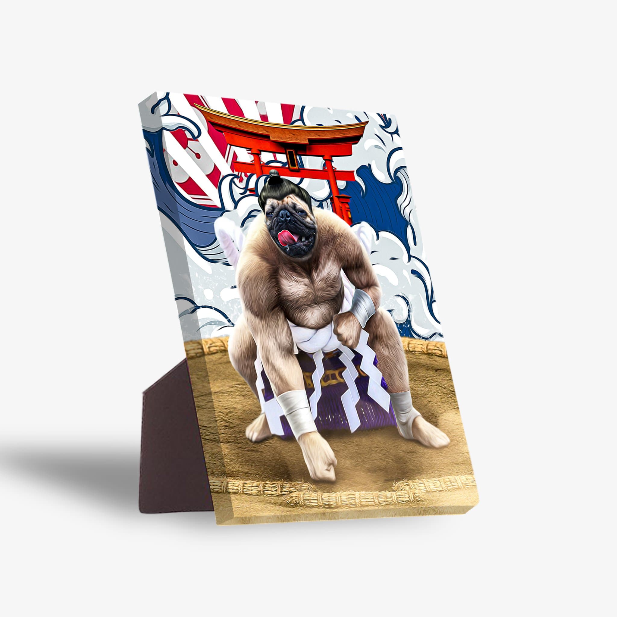 Personalized pet standing canvas featuring a pug in a sumo wrestler pose with a Japanese torii gate background.