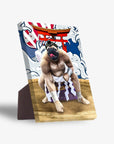Personalized pet standing canvas featuring a pug in a sumo wrestler pose with a Japanese torii gate background.