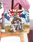 Personalized tote bag with a pug pet portrait as a sumo wrestler in a ring.