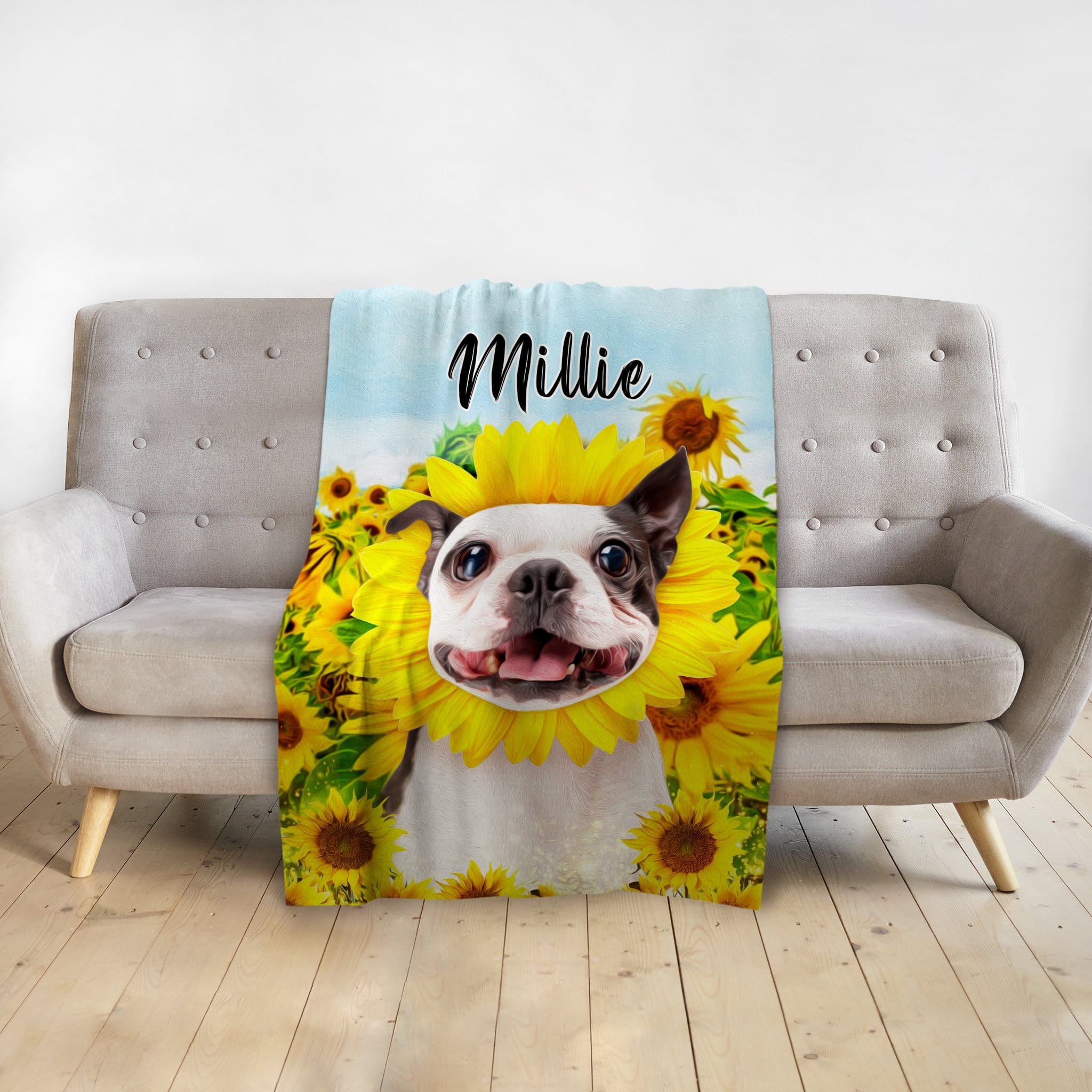 Personalized pet blanket with a Boston Terrier portrait surrounded by sunflowers and the name "Millie.