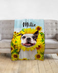 Personalized pet blanket with a Boston Terrier portrait surrounded by sunflowers and the name "Millie.
