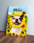 Custom pet canvas featuring a Boston Terrier in a sunflower field with "Millie" written above.