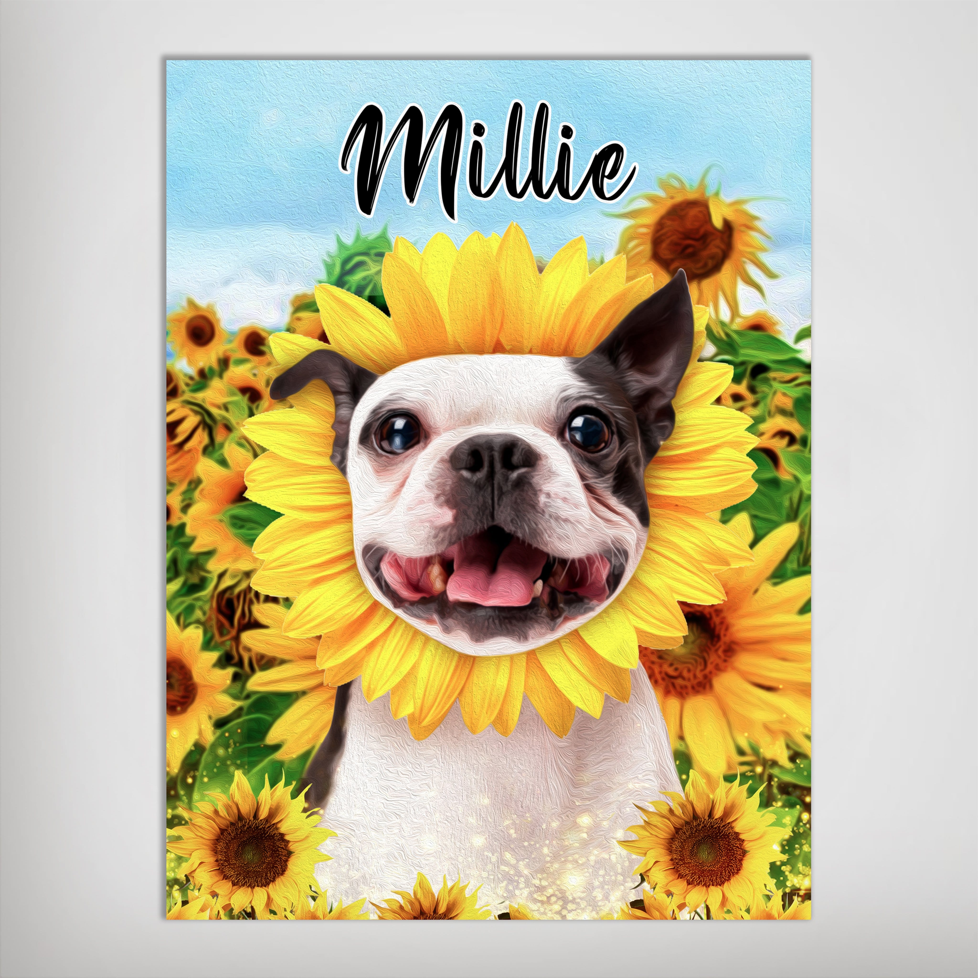 Personalized pet poster featuring a happy Boston Terrier's face surrounded by bright yellow sunflowers with the name "Millie" above.