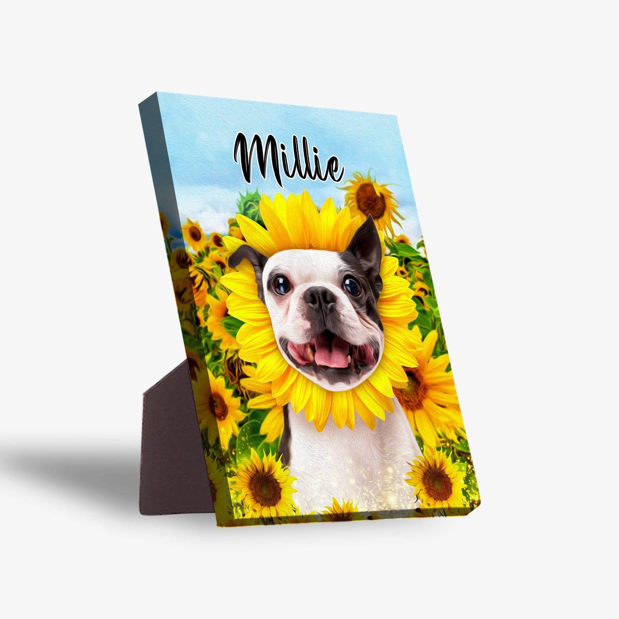 Personalized standing canvas featuring a Boston Terrier in a sunflower field with the name "Millie.